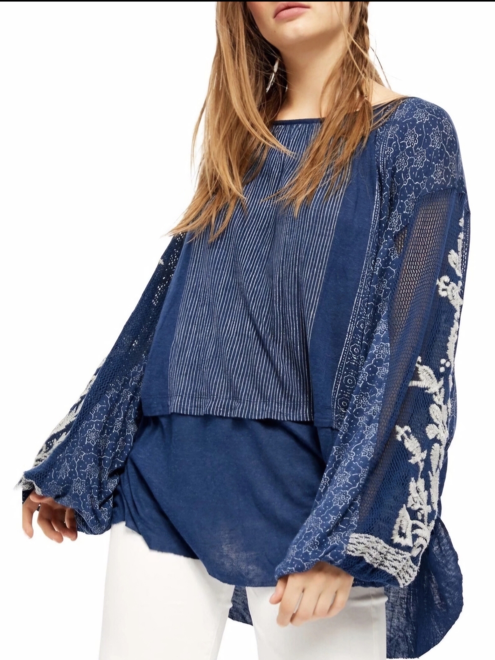 Free People Indigo Boho Mixed-Media Tunic Top